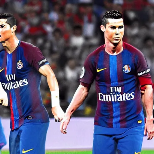 Image similar to cristiano ronaldo with messi in psg, very realistic, ultra detailed, cinematic