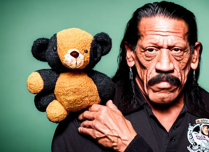 Image similar to photo still of danny trejo at the county fair!!!!!!!! at age 5 6 years old 5 6 years of age!!!!!!!! holding a teddy bear he won, 8 k, 8 5 mm f 1. 8, studio lighting, rim light, right side key light