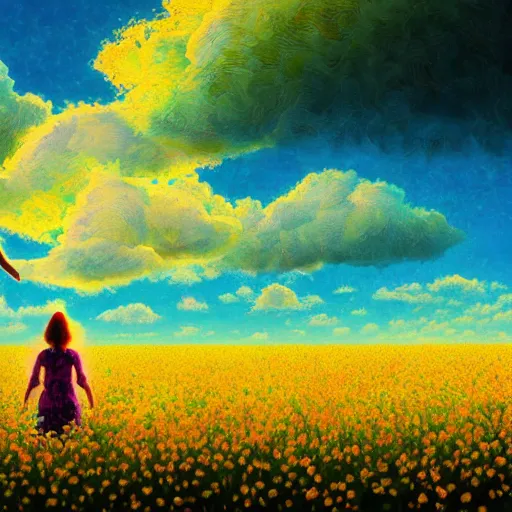 Image similar to exploding flower afro, full body, girl standing in the middle of a field with flowers, surreal photography, hills, sunrise dramatic light, impressionist painting, colorful clouds, digital painting, pointillism, artstation, simon stalenhag