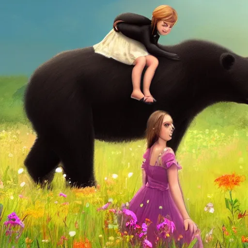 Image similar to girl riding a giant black bear in a field of flowers, trending on artstation