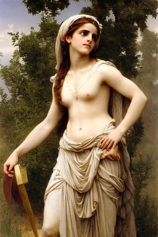 Image similar to emma watson as a greek goddess, painting by william adolphe bouguereau