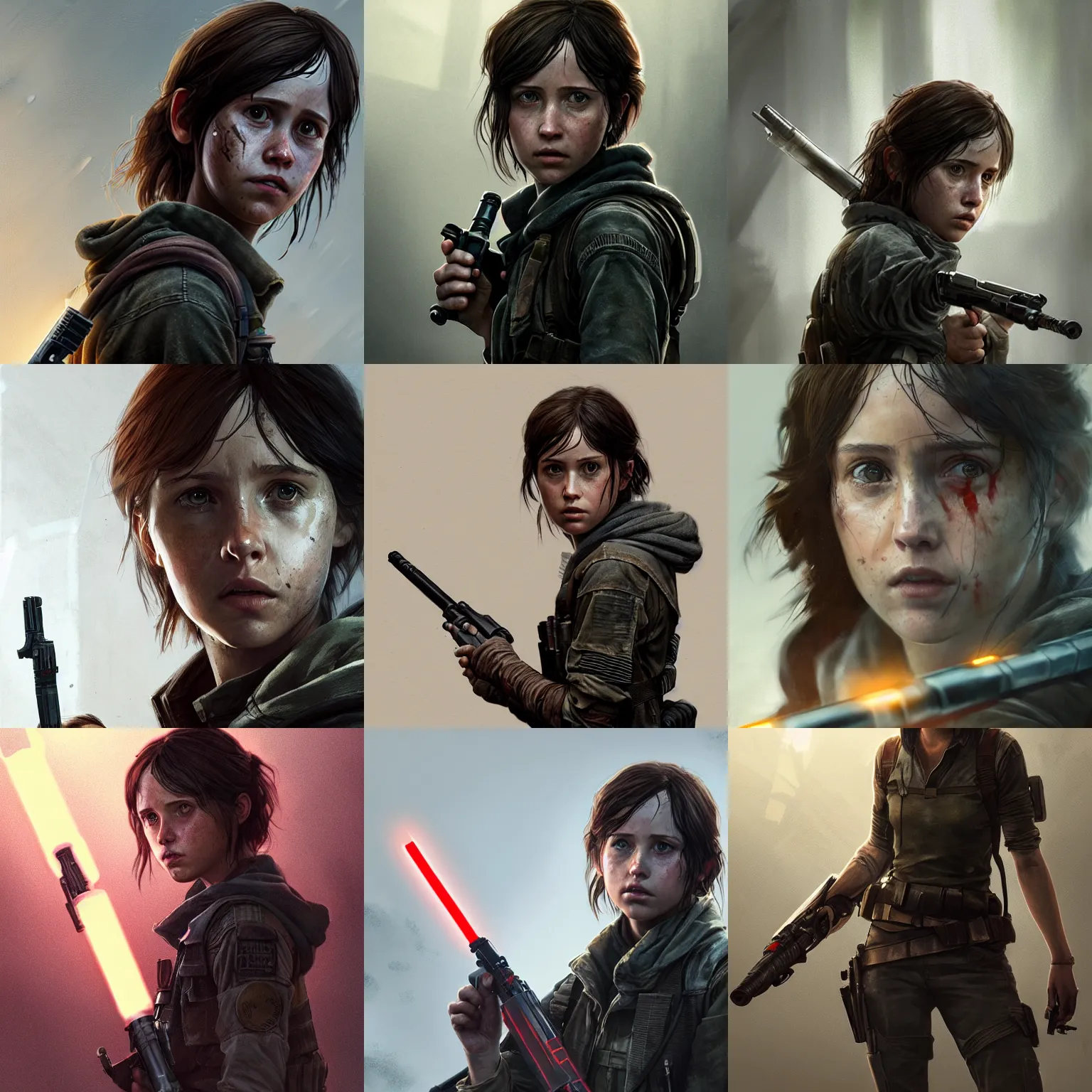 Prompt: Ellie from the Last of Us holding as Jyn Erso from Star Wars Rogue One, holding a lightsaber, digital portrait by Greg Rutkowski, intricate, sharp focus, cinematic, epic, artstation