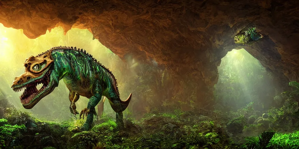 Image similar to magnificent mechanical steampunk dinosaur looking eerily into a cave entrance with lush vegetation and mystical (((glowing algae))) in the sunset, light coming through from holes in the ceiling, desaturated, creepy ambiance, dangerous, sharp focus, highly detailed, artgerm