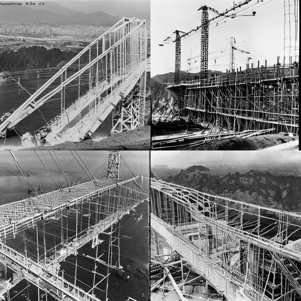Prompt: A Rare Mid-Construction Shot Of The Golden Bridge Being Built In California, 1935