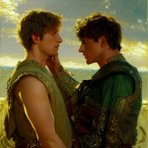 Image similar to attractive arthur pendragon confesses his love to attractive male merlin. highly detailed painting by gaston bussiere, craig mullins, j. c. leyendecker 8 k