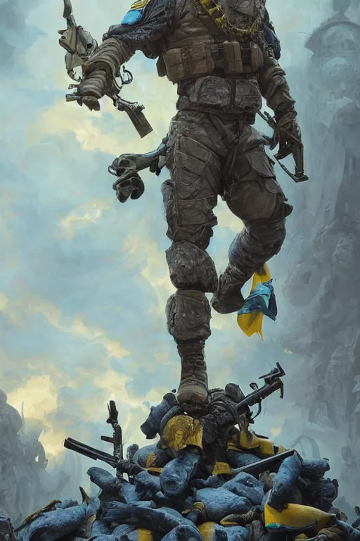 Image similar to special forces soldier with ukrainian blue yellow flag standing on a pile of skulls as a winner, masculine figure, d & d, fantasy, bright atmosphere, volumetric lights, intricate, elegant, extremely detailed, digital painting, artstation, concept art, matte, smooth, sharp focus, hyper realistic, illustration, art by artgerm and greg rutkowski and alphonse mucha