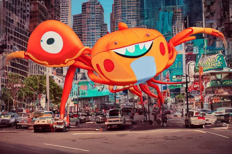 Image similar to 2 0 1 5 cute giant crab terrorizing a city, googie city, americana, fishcore, hd 8 k, photography cinestill