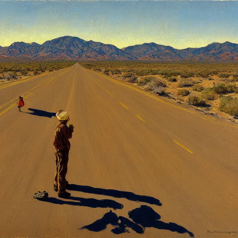 Prompt: a painting of the loneliest highway in nevada by norman rockwell, golden hour, detailed, art gallery quality