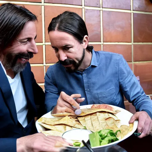 Prompt: pablo iglesias and santiago abascal sharing a kebab in the houses of parliament