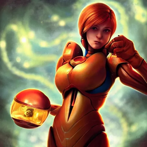Image similar to Samus Aran with a baby metroid, mid-shot, fantasy, medieval, vivid colors, elegant, concept art, sharp focus, beautiful face, digital art, Hyper-realistic, 4K, Unreal Engine, Highly Detailed, HD, Dramatic Lighting by Brom, trending on Artstation