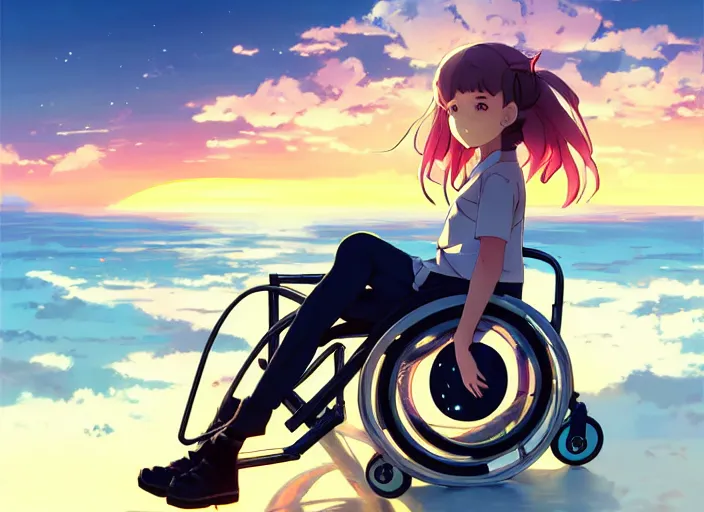 Prompt: portrait of smiling cute girl on futuristic wheelchair, sunset sky in background, beach landscape, illustration concept art anime key visual trending pixiv fanbox by wlop and greg rutkowski and makoto shinkai and studio ghibli and kyoto animation, symmetrical facial features, future clothing, backlit