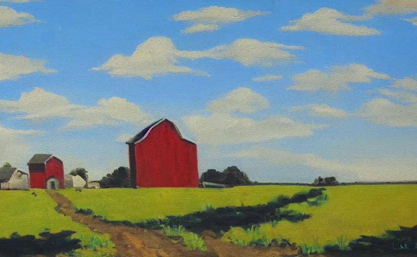 Prompt: old oil painting of a farm with blue sky