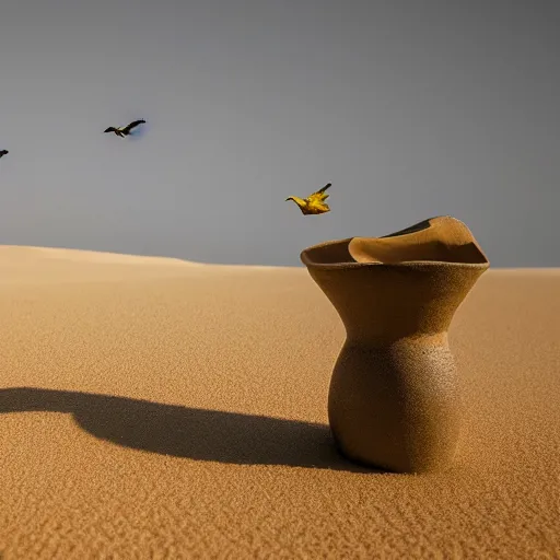 Prompt: Birds flying out of a Vase in the sand desert, 40nm, shallow depth of field, split lighting, 4k,