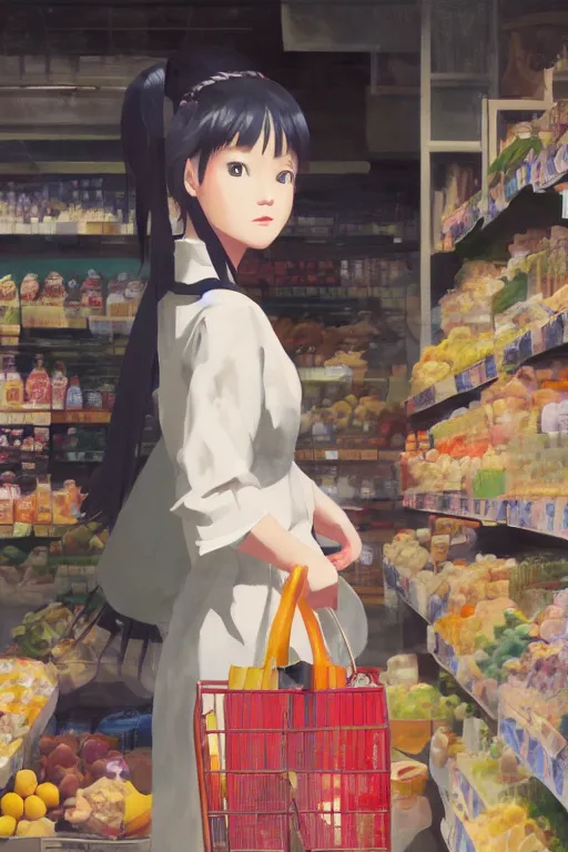 Image similar to a photography of a woman Grocer with frock,looks like Ziyi Zhang ponytail, grocery store around，winter,anime style character, clean soft lighting, backlit beautiful face, Oil painting, by Ilya Kuvshinov, Greg Rutkowski and Makoto Shinkai