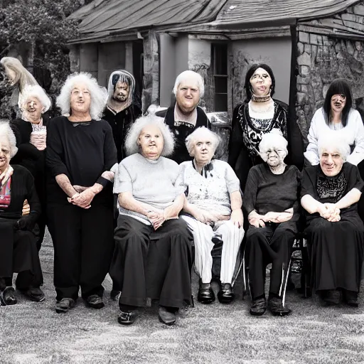 Prompt: an old age home for geriatric goths. photograph group portrait.