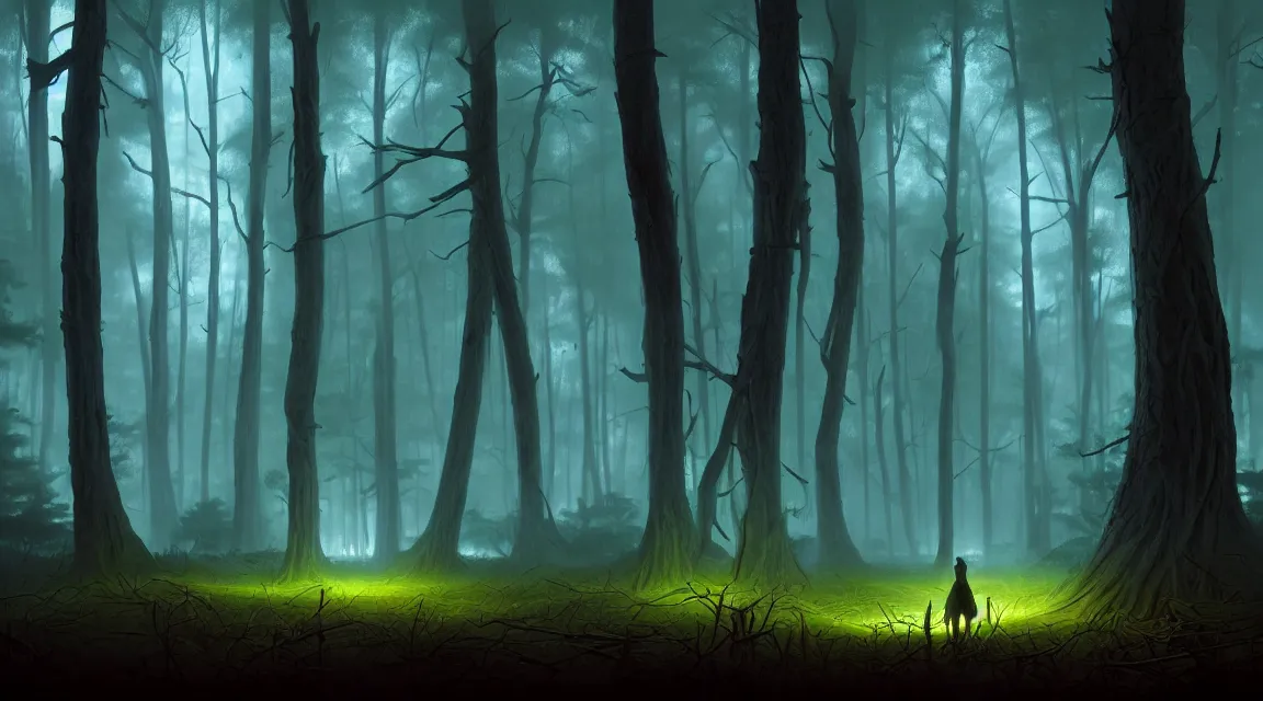 Prompt: matte painting glowing figure in a clearing in forest at night. forest is lit by eerie blue glow. spook. spectre. haunted. scary. digital painting. digital render. beeple. noah bradley. cyril roland. dan mumford. naomi okubo. trending on artstation.