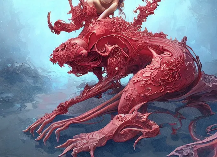 Image similar to woman loves and sit upon a scarlet coloured beast, pain, light effect, hyper detailed, intricate, elegant, highly detailed, digital painting, artstation, concept art, matte, sharp focus, illustration, by peter mohrbacher, hajime sorayama, wayne barlowe, boris vallejo, aaron horkey, gaston bussiere, craig mullins