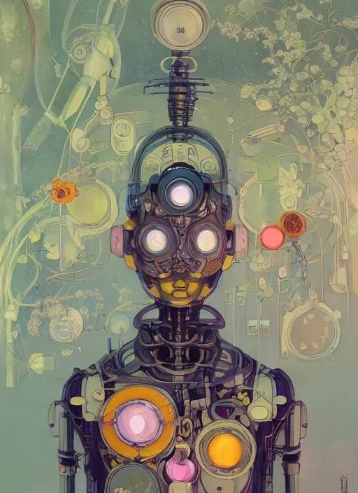 Prompt: an art nouveau kawaii gouache painting, by yoshitaka amano, by Victo Ngai, by shaun tan, by good smile company, detailed anime 3D render of an attractive male modular mechanical android, portrait, cgsociety, by Peter Mohrbacher, modular mechanical costume and headpiece, futuristic setting, gel lighting neon glow