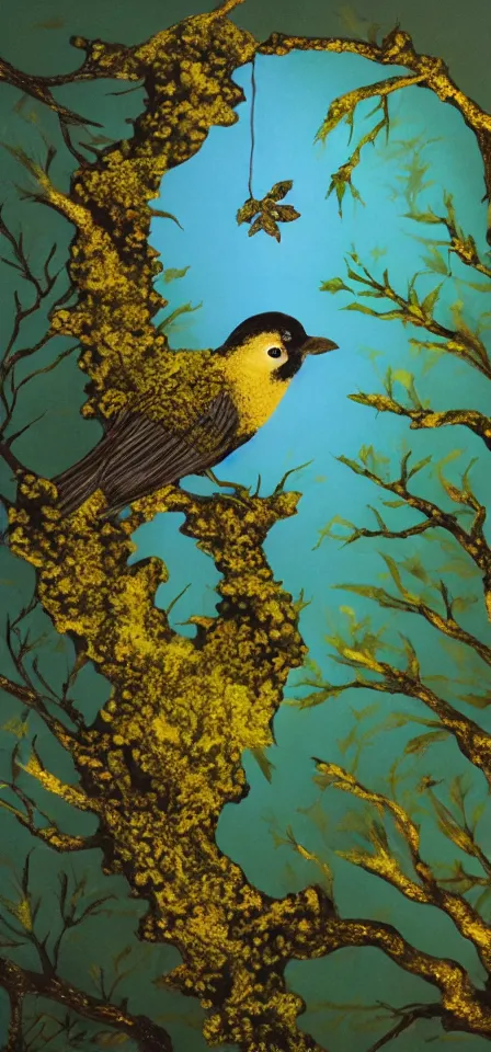 Image similar to bird in the lichen rainforest. gouache and gold leaf work by the award - winning mangaka, bloom, chiaroscuro, backlighting, depth of field.