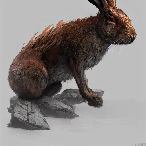 Prompt: hare with glowing white eyes In style of Hyung-tae Kim, Greg Rutkowski and Larry Elmore, concept art, trending on ArtStation, Korean MMORPG, over-detailed art, 8K, epic, dynamic lightning, scenery