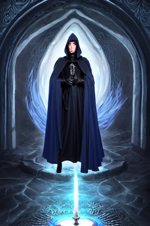 Image similar to handsome male mage opening a portal, long black hair blue eyes wearing cloth mantle gothic navy cloak with leather details, crystal town, fantasy character portrait, ultrarealistic, intricate details, elegant, cinematic lighting, highly detailed, artstation, cgsociety, sharp focus, beautiful digital painting by artgerm, gerald brom, wlop, alphonse mucha