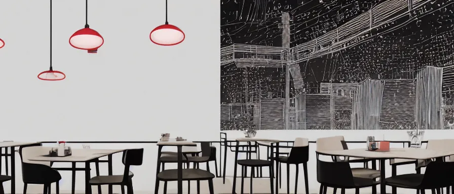 Image similar to a beautiful simple interior 4 k hd wallpaper illustration of small roasted string hotpot restaurant restaurant yan'an, animation illustrative style, from china, wallpaper of tower and mountains, rectangle white porcelain table, black chair, fine simple delicate structure, simple style structure decoration design, victo ngai, james jean, 4 k hd