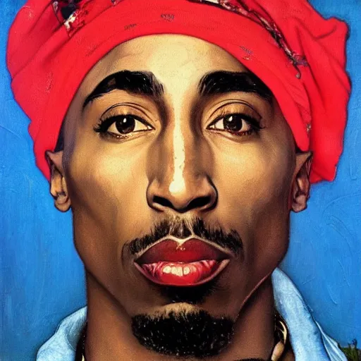 Image similar to a portrait painting of Tupac shakur. Painted by Norman Rockwell