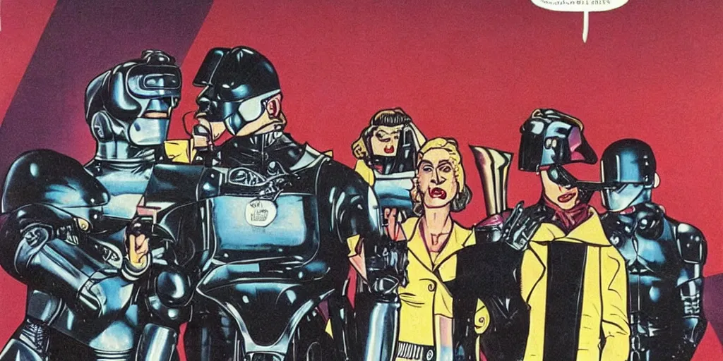 Prompt: cyclops robocop 1980s pop band, 1980s surrealism aesthetic, detailed facial expressions