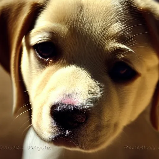 Image similar to a very cute yellow lab puppy smiling. close-up. blach and white. at the park. 14mm lens. iso 100. diaphragm 1.4. shutter speed 1/350. oil on canvas. W-1024