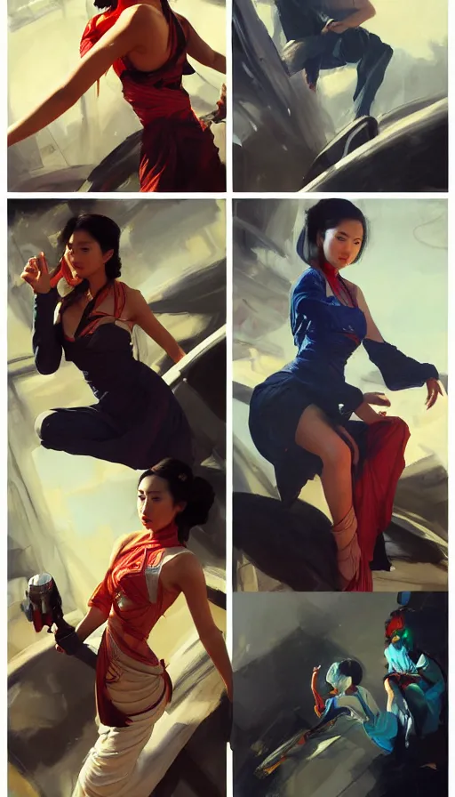 Prompt: greg manchess the most interesting 6 panel comic of ao dai asian female kungfu fighting, sitting on cyberpunk motorbike, medium shot, asymmetrical, profile picture, organic painting, sunny day, matte painting, bold shapes, hard edges, street art, trending on artstation, by huang guangjian and ail elvgren and sachin teng