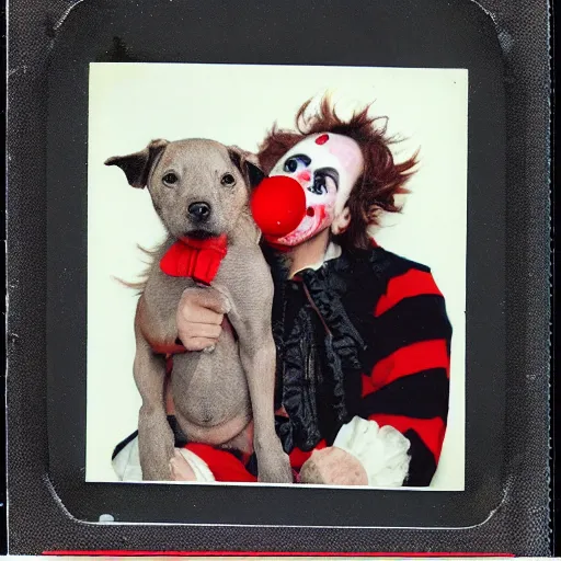 Prompt: Old polaroid photo of a Clown Vampire with cute puppy