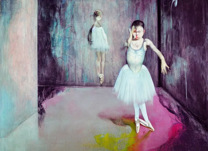 Image similar to portrait of nervous young girl ballerina focusing in a dance hall by beeple and hernan bas and francis bacon and pat steir and hilma af klint, psychological, photorealistic, symmetrical face, dripping paint, washy brush, matte painting, rendered in octane, altermodern, masterpiece