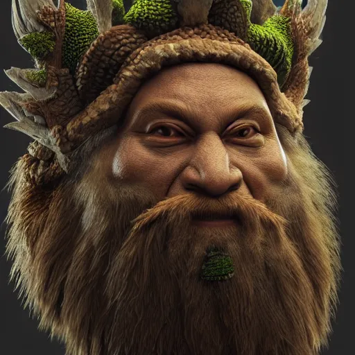 Prompt: a hyperrealistic 3d render of a druid king. intricate details. arnold render. Trending on ArtStation. Centered. Vivid cinematic lighting.