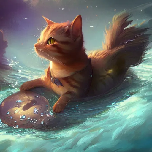 Prompt: A cat swimming in water, Japanese anime style, fantasy matte painting，cute, rich colors, high details，light effect，by Justin Currie and Justin Gerard，trending on cgsociety and artstation，8kHDR，