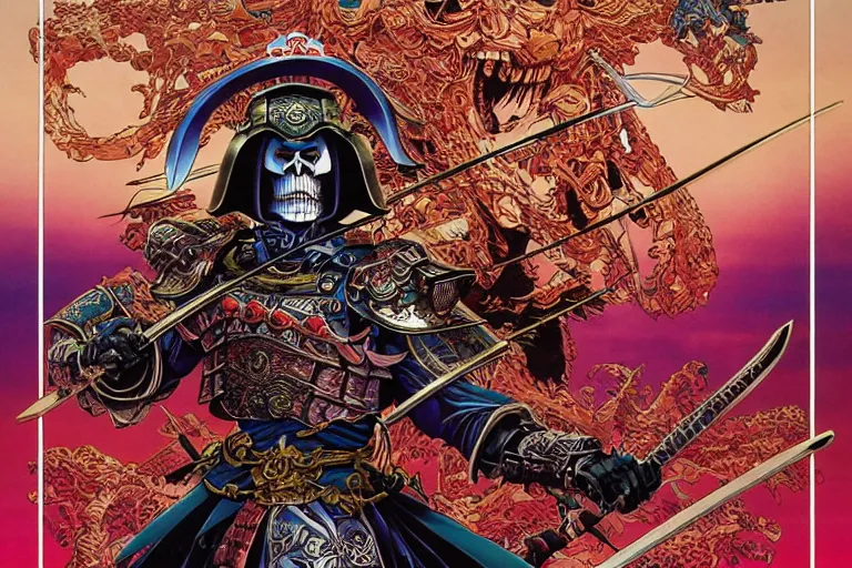 Image similar to poster of a skeletor samurai with japanese armor and helmet, by yoichi hatakenaka, masamune shirow, josan gonzales and dan mumford, ayami kojima, takato yamamoto, barclay shaw, karol bak, yukito kishiro