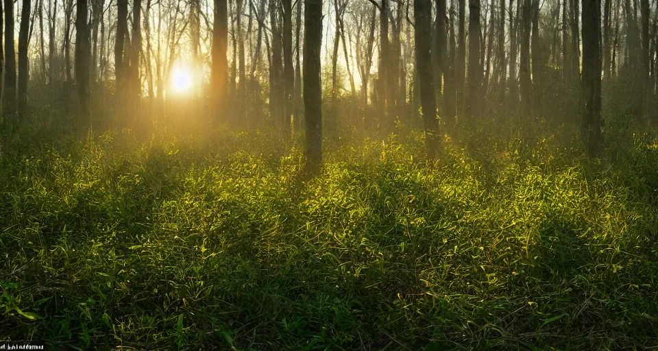 Image similar to softly glowing orbs of soft pastel light floating above the forest floor at twilight, illuminating the surrounding scenery