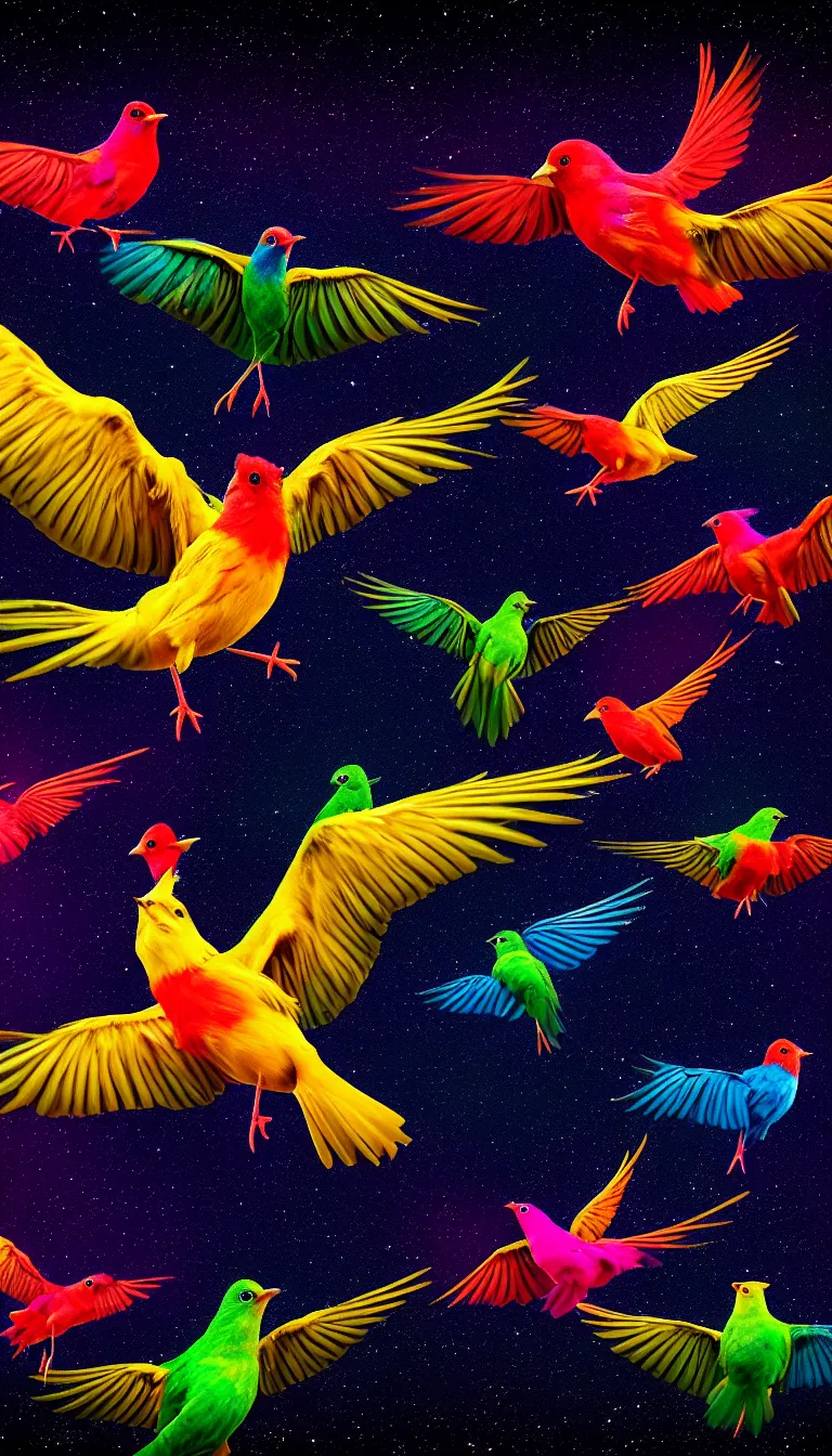 Image similar to highly detailed photo of seven colored bird flying in the dark space, all birds head and eye are visible, hyper realistic, concept art, 8 k detail post - processing