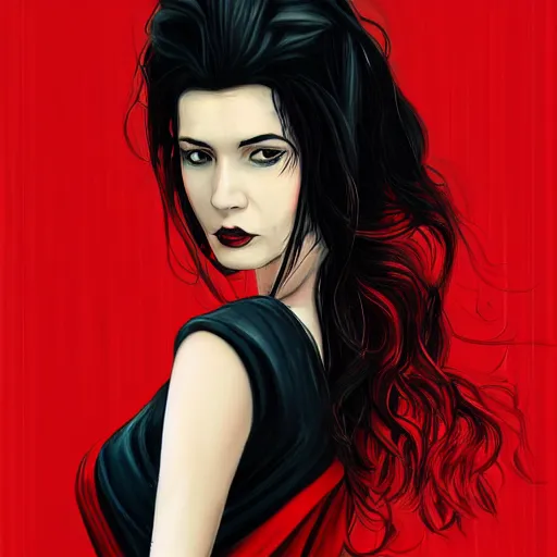 Prompt: stunning comic book style portrait painting of Long Black Haired woman wearing red dress, in the style of WLOP, 8k masterpiece, cinematic lighting, pristine clean design, high fantasy, insanely detailed, atmospheric,