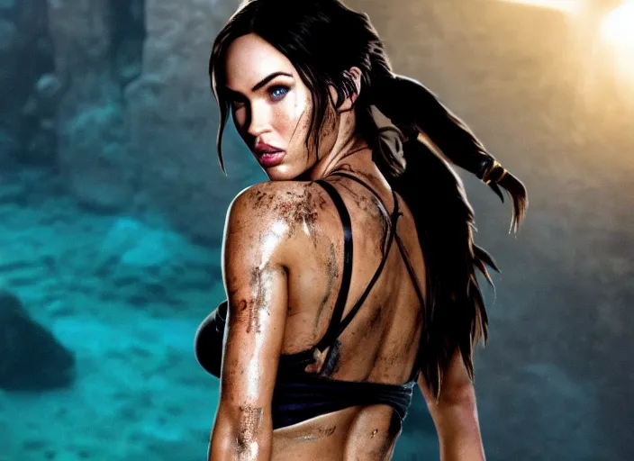 Image similar to film still of!!!! megan fox!!! as lara croft in new tomb raider movie, closeup portrait, exploring interior of torchlit atlantis underwater temple, glamour pose, dramatic lighting, octane, mist, volumetric lighting, 8 k