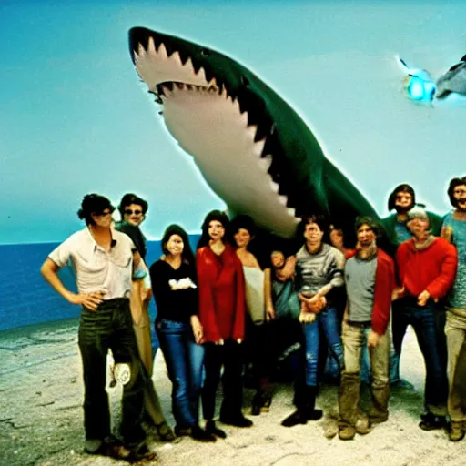 Image similar to marine biologists pose next to megladon shark, caught giant shark, scientists posing, they keep some distance, hanging shark, national geographic photo 1 9 7 0 s, fugifilm