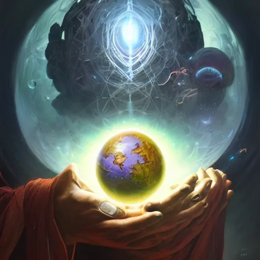 Image similar to the creator of worlds wearing a cloak and holding a holographic planet projection in his hand, detailed, sci - fi, digital painting, artstation, sharp focus, illustration, ominous, artgerm, tomasz alen kopera, peter mohrbacher, donato giancola, joseph christian leyendecker, wlop, frank frazetta