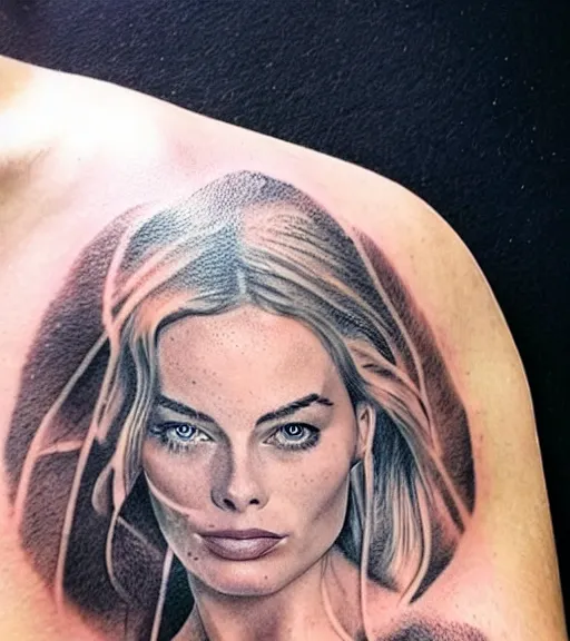 Image similar to tattoo sketch of margot robbie mash up amazing mountain scenery and nature, double exposure effect, in the style of arlo dicristina, hyper realism, amazing detail, sharp