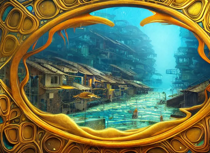 Image similar to art nouveau favela, underwater environment, scenery, professional, award - winning, trending on artstation, hyper detailed, realistic, beautiful, emotional, shiny, golden, picture