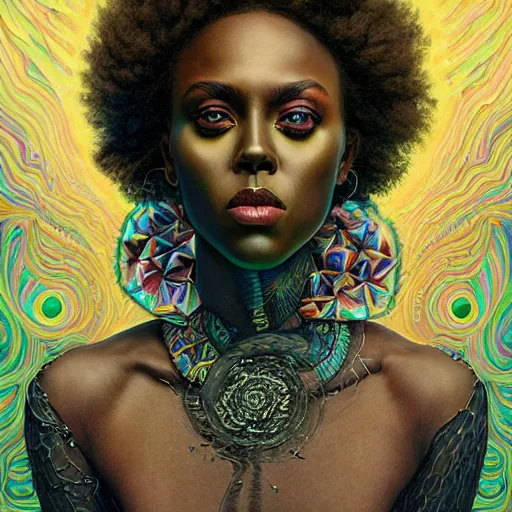 Image similar to portrait of dewanda wise, hyper detailed masterpiece, neon floral pattern, jean giraud, digital art painting, darkwave goth aesthetic, psychedelic, artgerm, donato giancola and tom bagshaw