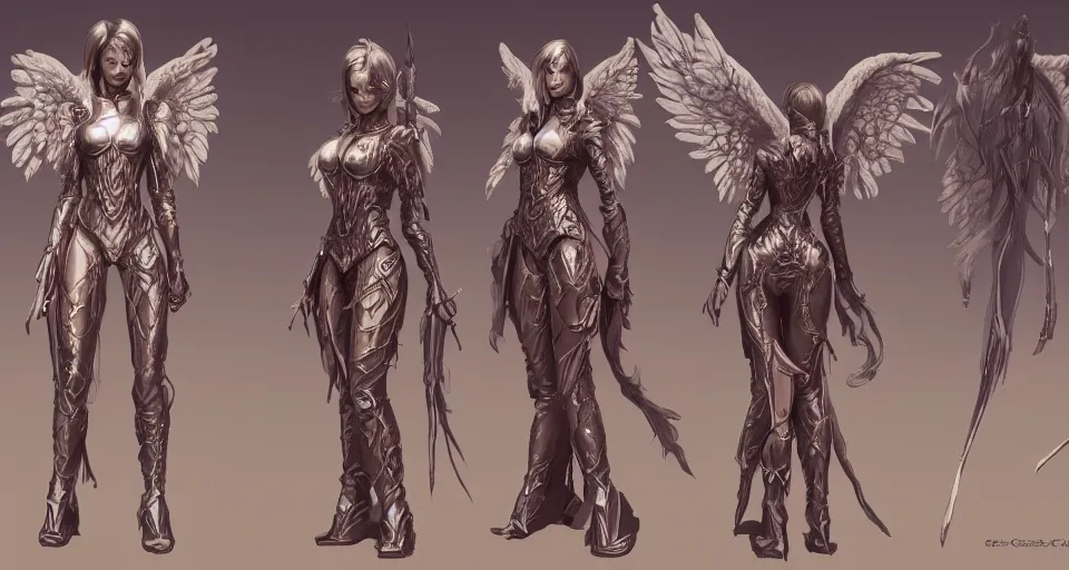 Prompt: Character concept sheet of an Angel knight gothic girl, hyperdetailed, artstation, cgsociety, golden hour 8k