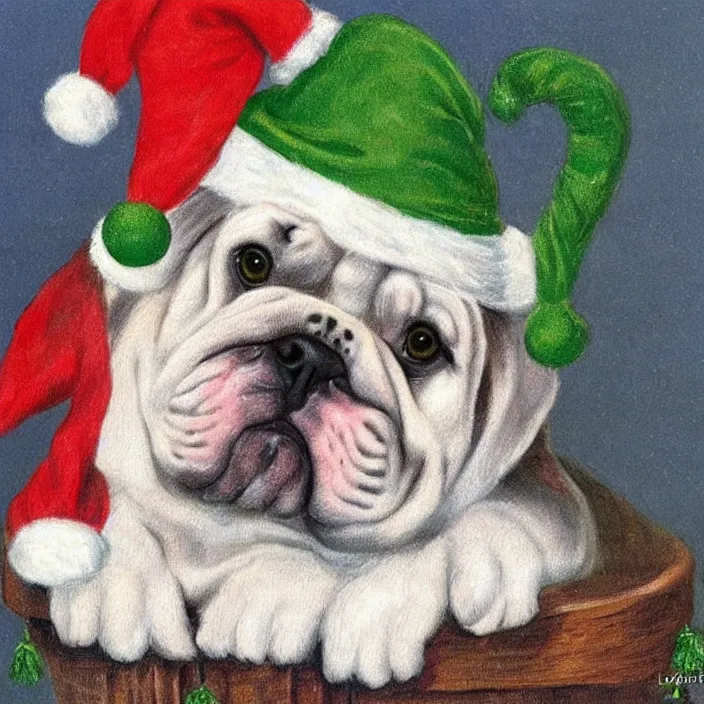 Image similar to cute bulldog puppy wearing a christmas hat by louis wain