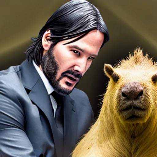 Prompt: john wick hugging a capybara