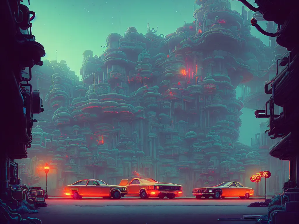 Image similar to 80s outdoor retro arcade, desolate, moody:: studio ghibli, beeple and James Gilleard and Justin Gerard :: ornate, dynamic, particulate, intricate, elegant, highly detailed, centered, artstation, smooth, sharp focus, octane render, 3d