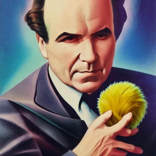 Image similar to Art deco portrait of Doctor Phlox affectionately holding a tribble in his hand