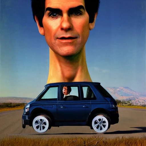 Image similar to Giant head of david copperfield on a humanoid car, running fast on a californian highway, rays of light, particles light, kuvshinov ilya